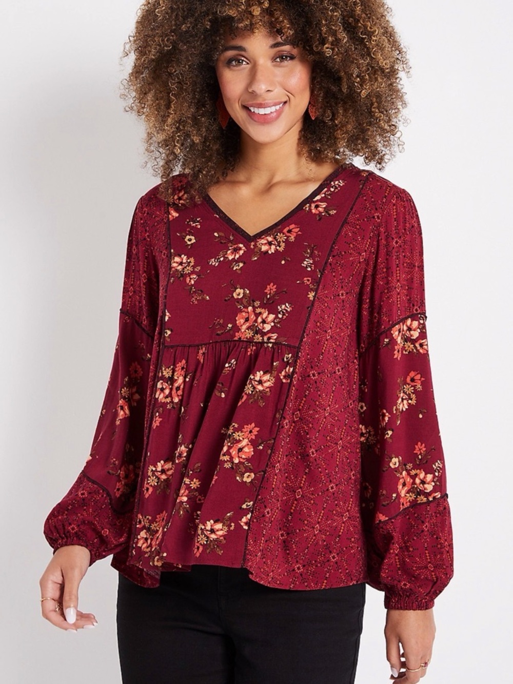Maurices Floral Boho Cutout  Long Sleeve V-Neck Blouse XL NWT